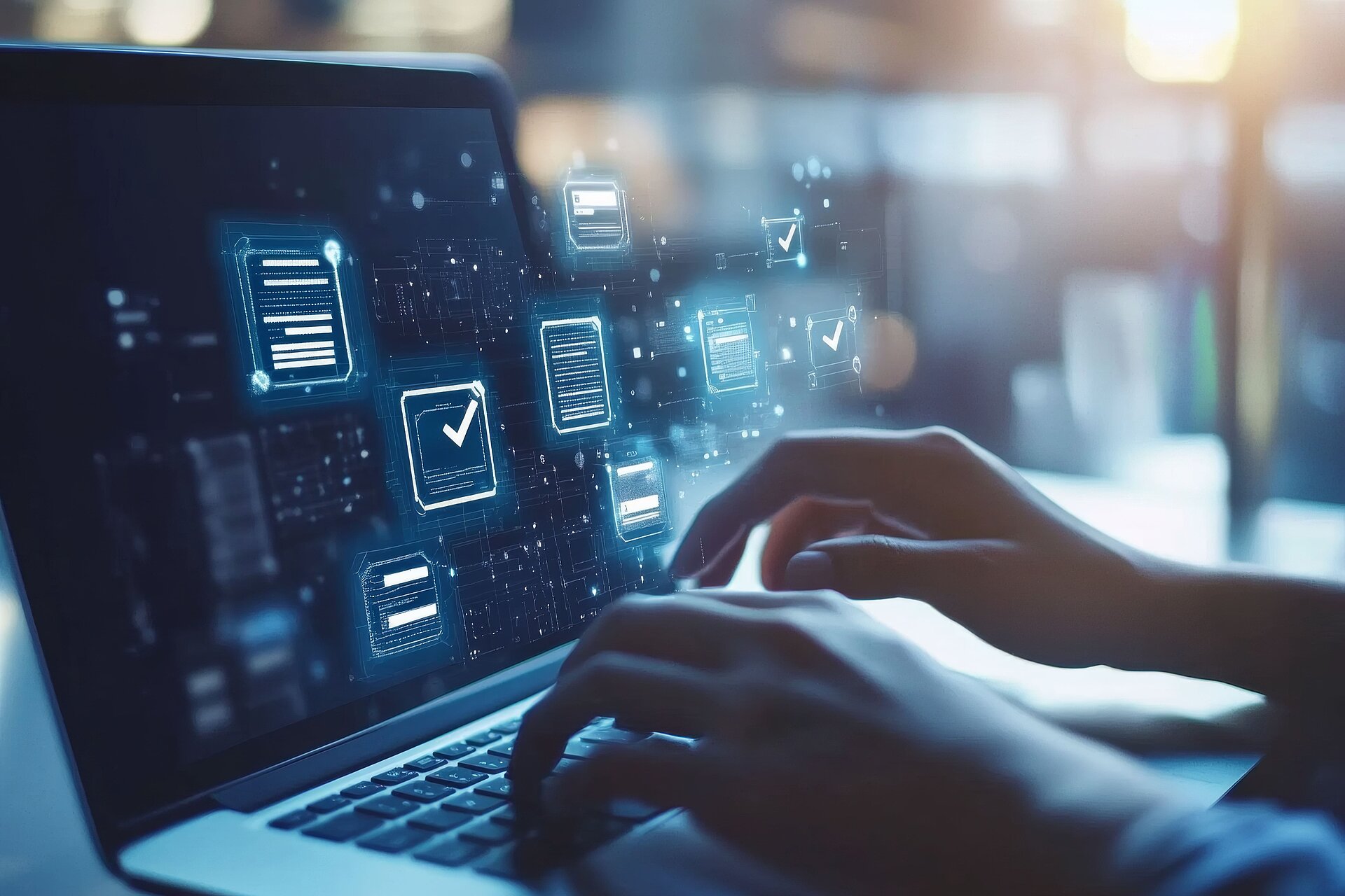 Osoba pracující s digitálními dokumenty a dotykovou obrazovkou pro práci na dálku a komunikaci