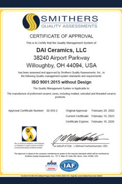 Preview of the ISO 9001 certificate of CeramTec USA - DAI Ceramics