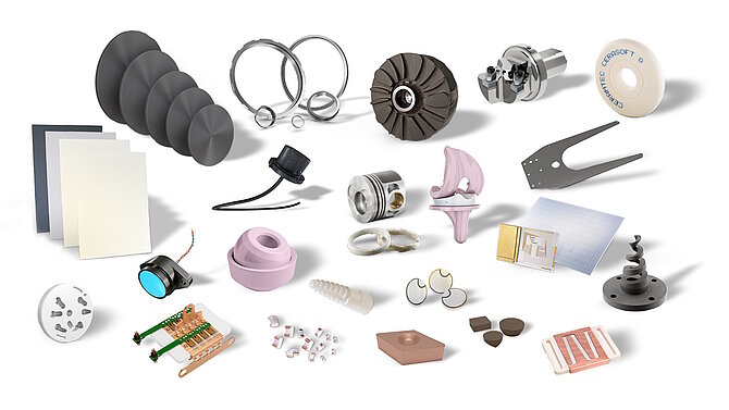 Wide selection of products made of high-performance ceramics from CeramTec against a white background