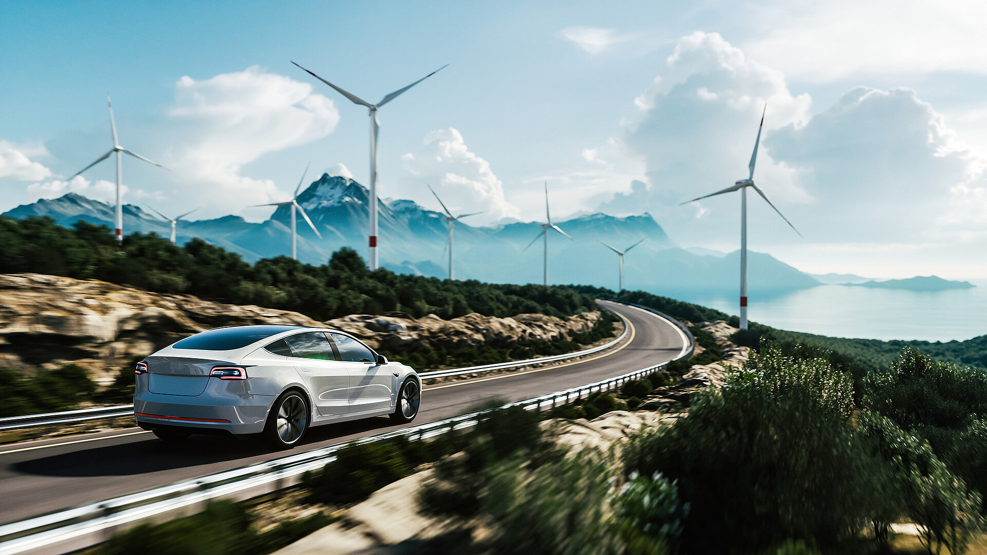 Véhicule électrique sur fond d'éoliennes
