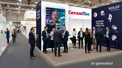 AI-generated illustration of professionals networking at the CeramTec and BIOLOX® booth during DKOU 2026 in Berlin.
