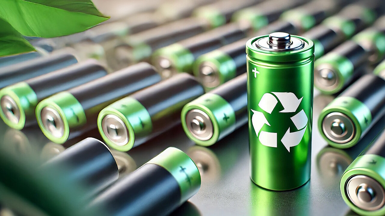 A green battery with a recycling symbol symbolises the topic of battery recycling.
