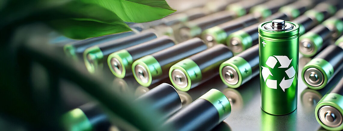 Eine grüne Batterie mit Recycling-Symbol steht sinnbildlich für das Thema Batterie-Recycling.