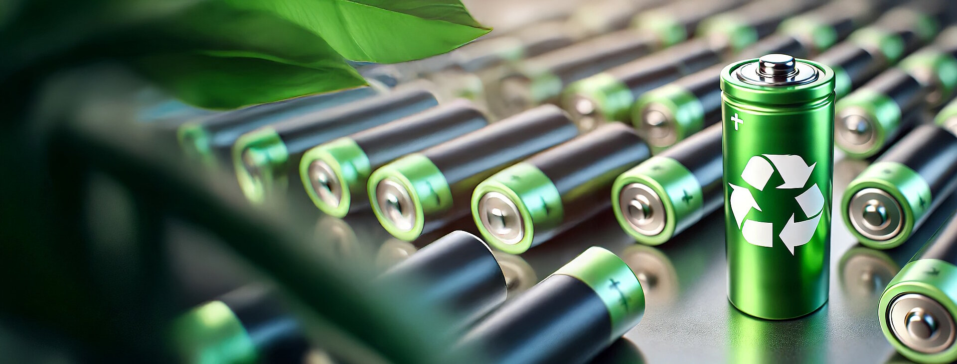 A green battery with a recycling symbol symbolises the topic of battery recycling.