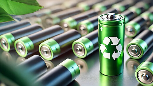 A green battery with a recycling symbol symbolises the topic of battery recycling.