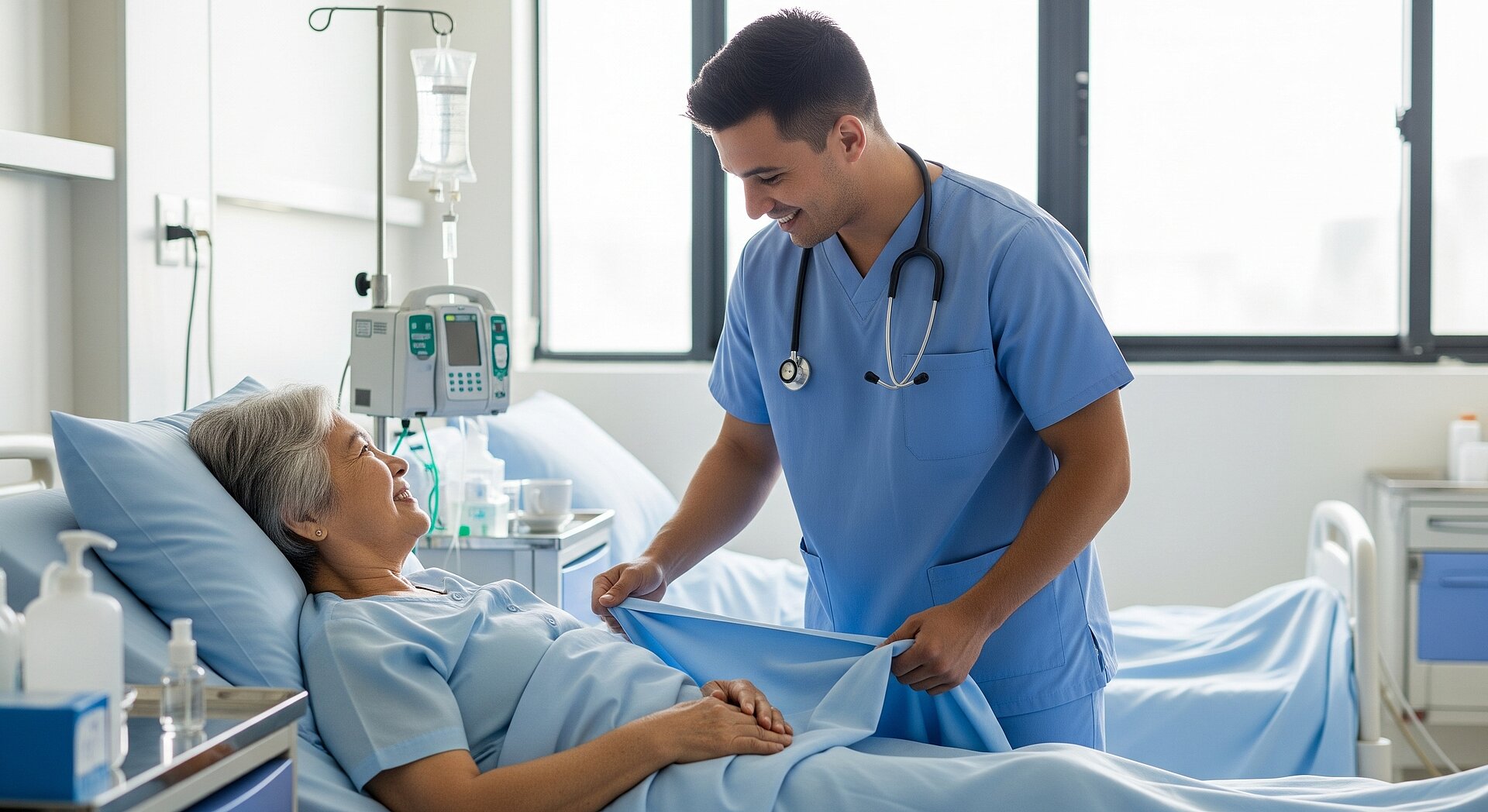 Caring male nurse adjusting hospital bed sheets for a smiling senior female patient 