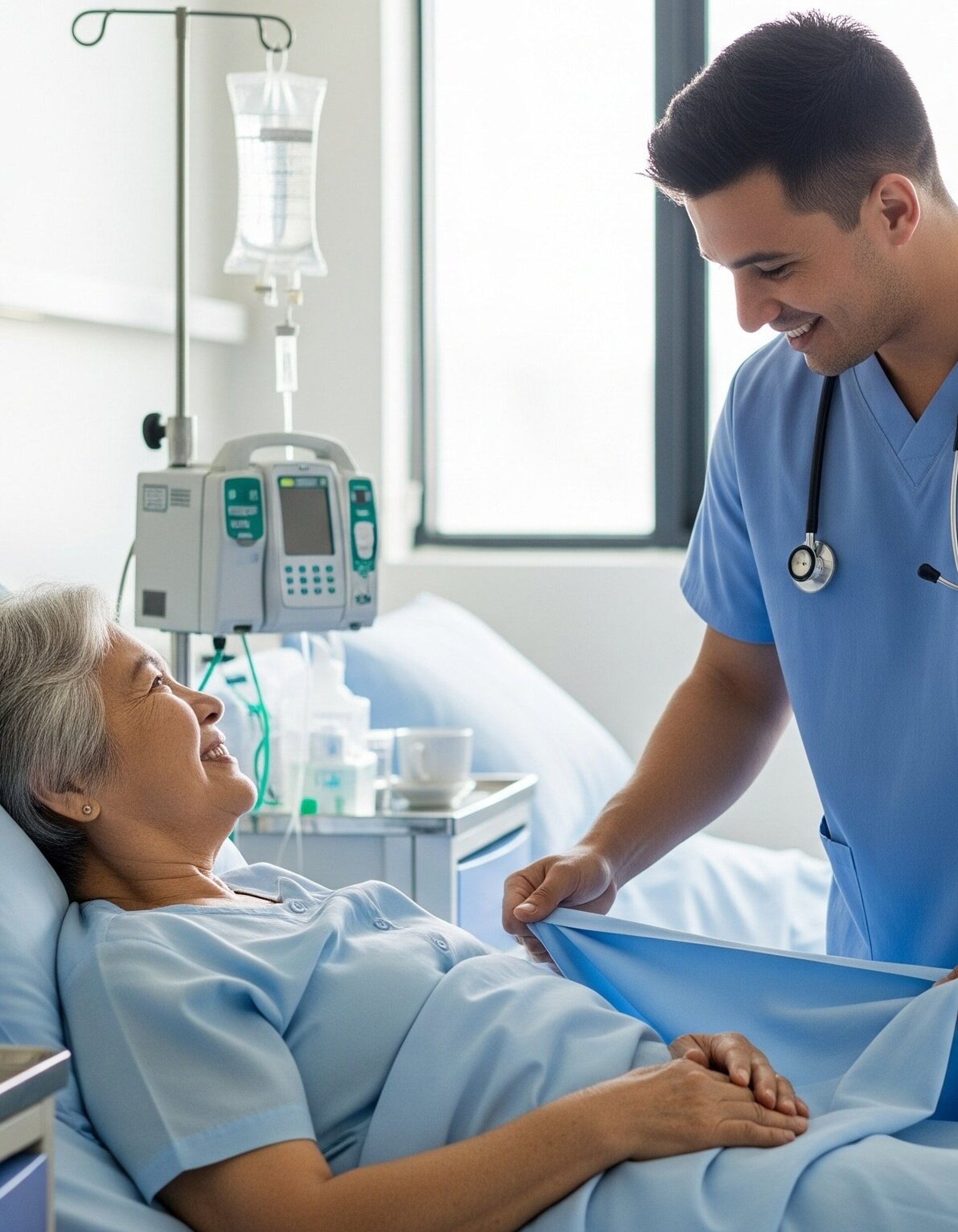 Fürsorglicher männlicher Krankenpfleger richtet Krankenhausbettlaken für eine lächelnde ältere Patientin