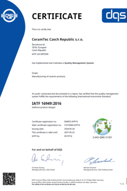 Screenshot of the 16949 IATF certificate for CeramTec Sumperk