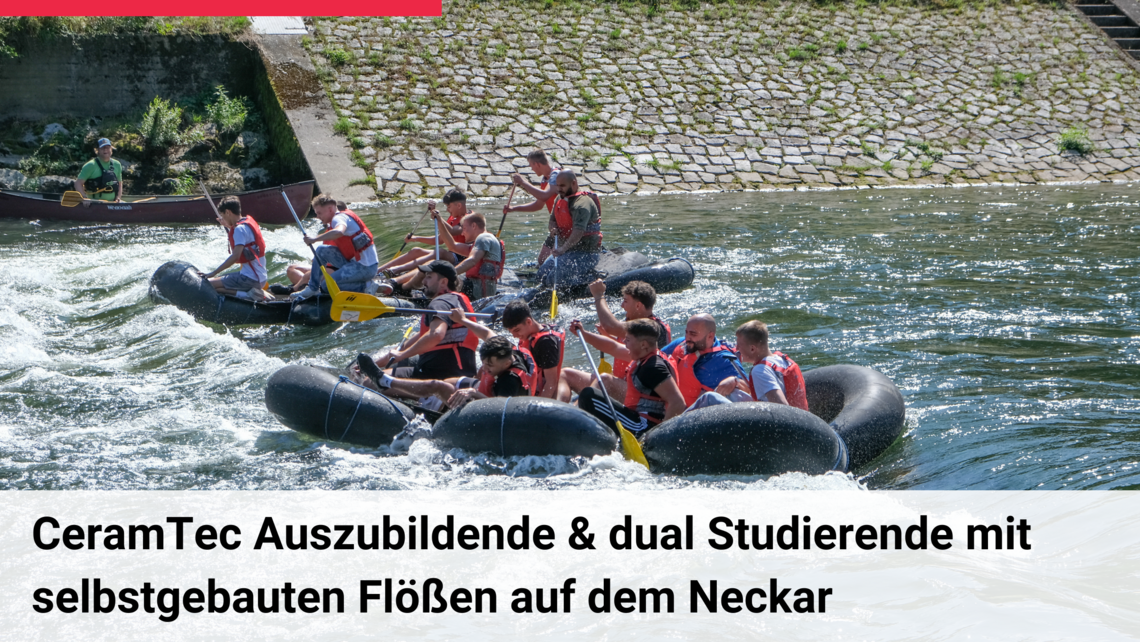 Auszubildende von CeramTec mit dem Floß auf dem Neckar
