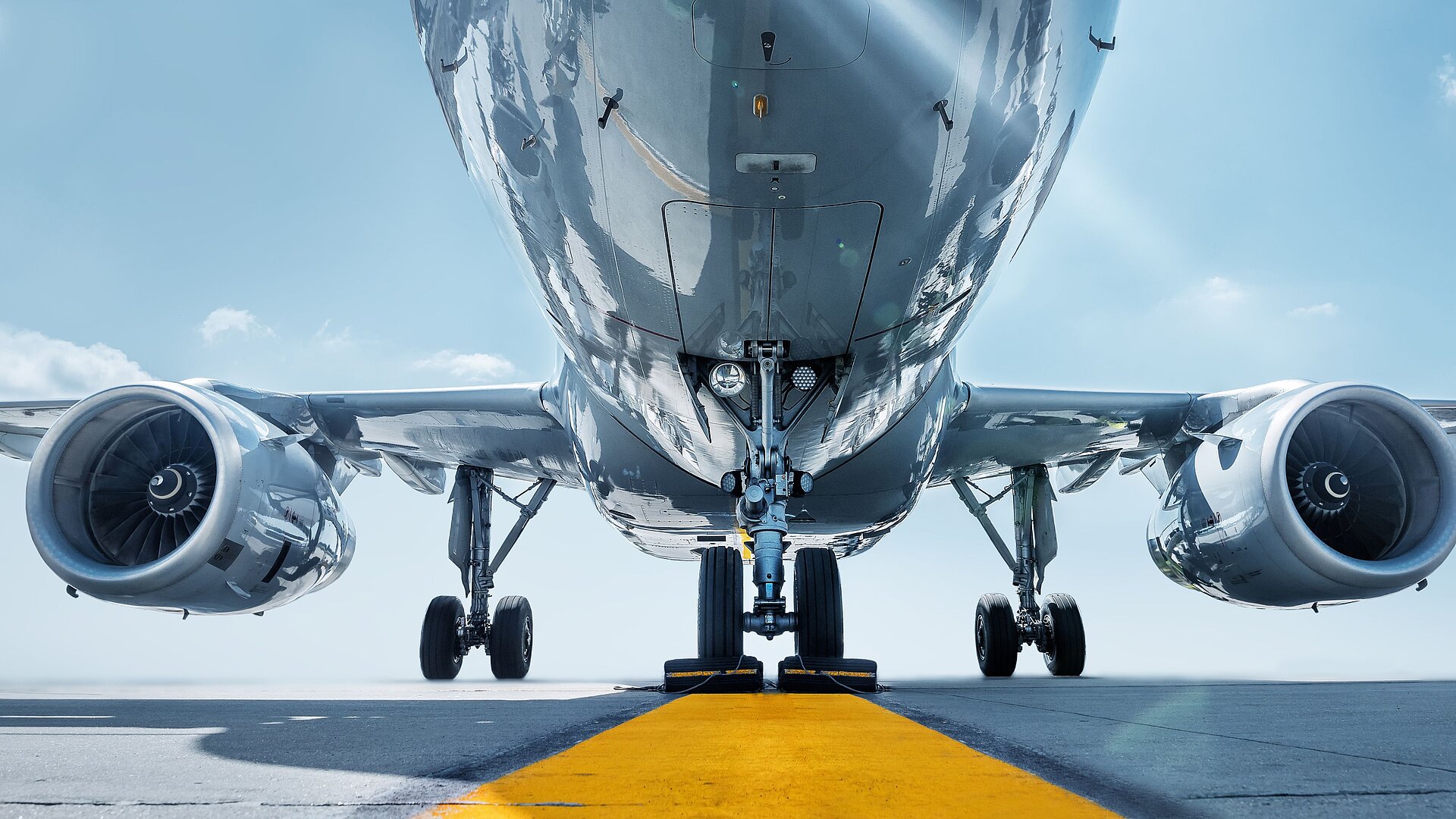View of an aircraft from below before takeoff