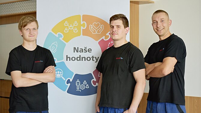 Tři zaměstnanci společnosti CeramTec Šumperk v České republice stojí před plakátem s firemními hodnotami.
