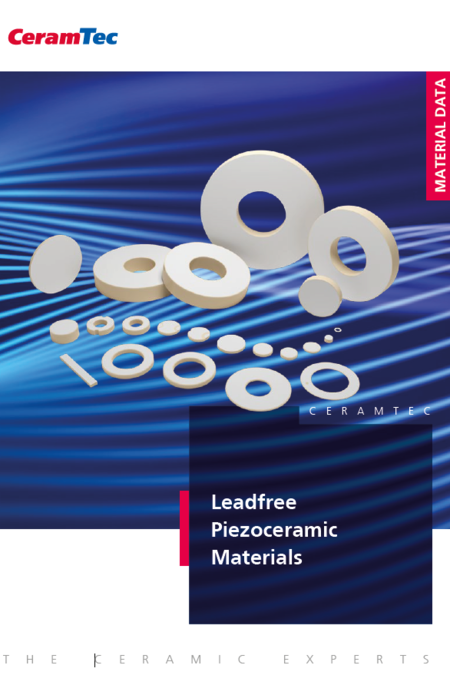 Titelbild der CeramTec Broschüre über bleifreie Piezokeramiken mit einigen exemplarischen Piezo-Produkten