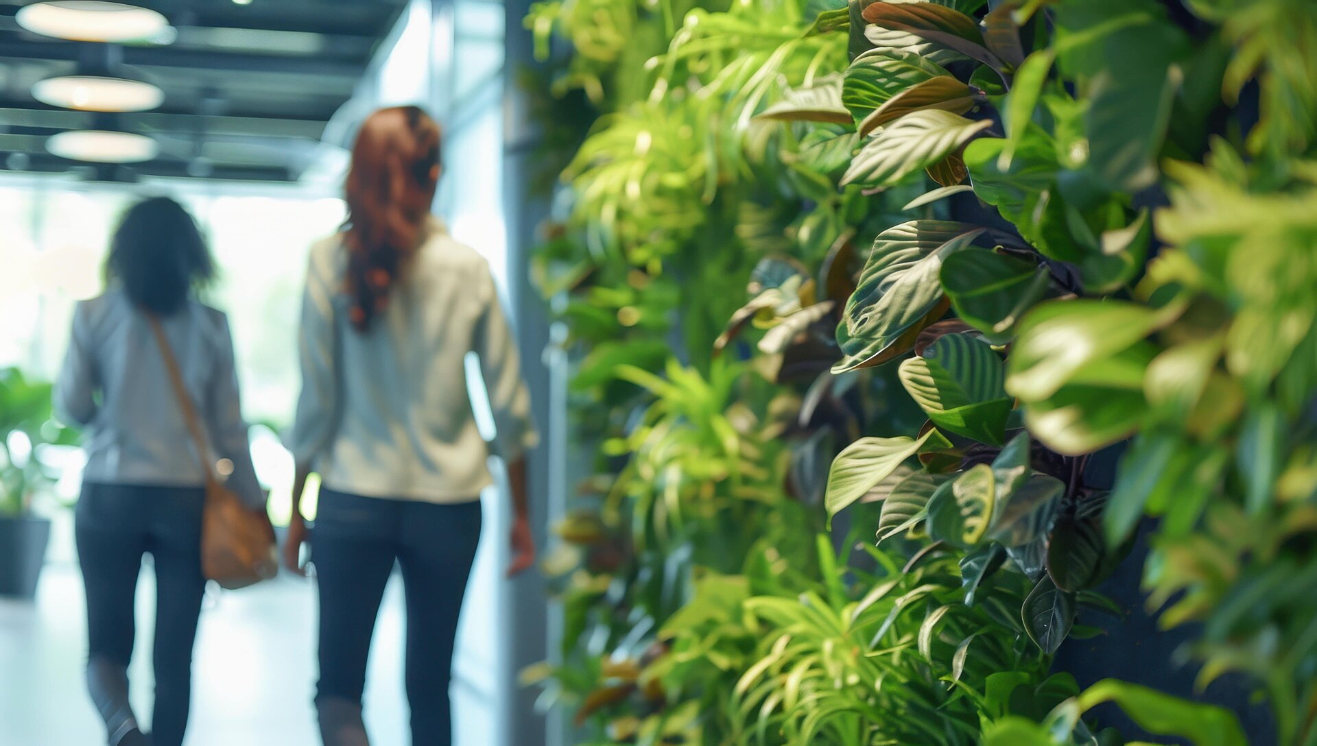 Two women walk past a planted wall in an office building