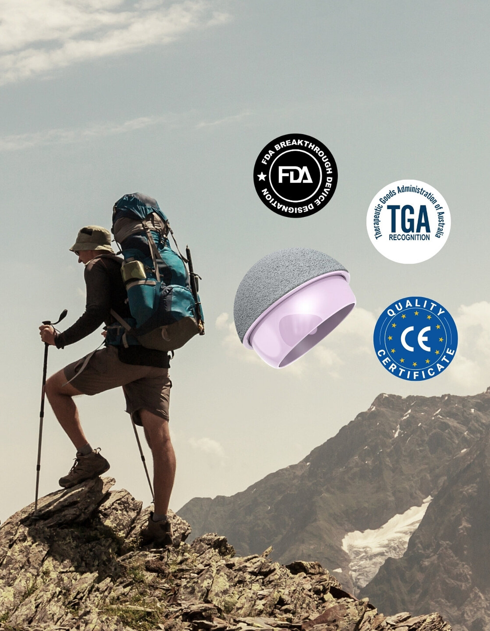 Ein Wanderer mit großem Rucksack und Trekkingstöcken steht auf einem felsigen Berggipfel unter einem teilweise bewölkten Himmel. Das Bild hebt die internationalen medizinischen Zulassungen von MatOrtho hervor: die Auszeichnung als „Breakthrough Device“ durch die FDA (USA, 2023), die Anerkennung durch die Therapeutic Goods Administration (Australien, 2024) sowie die CE-Kennzeichnung für den europäischen Markt (2025).