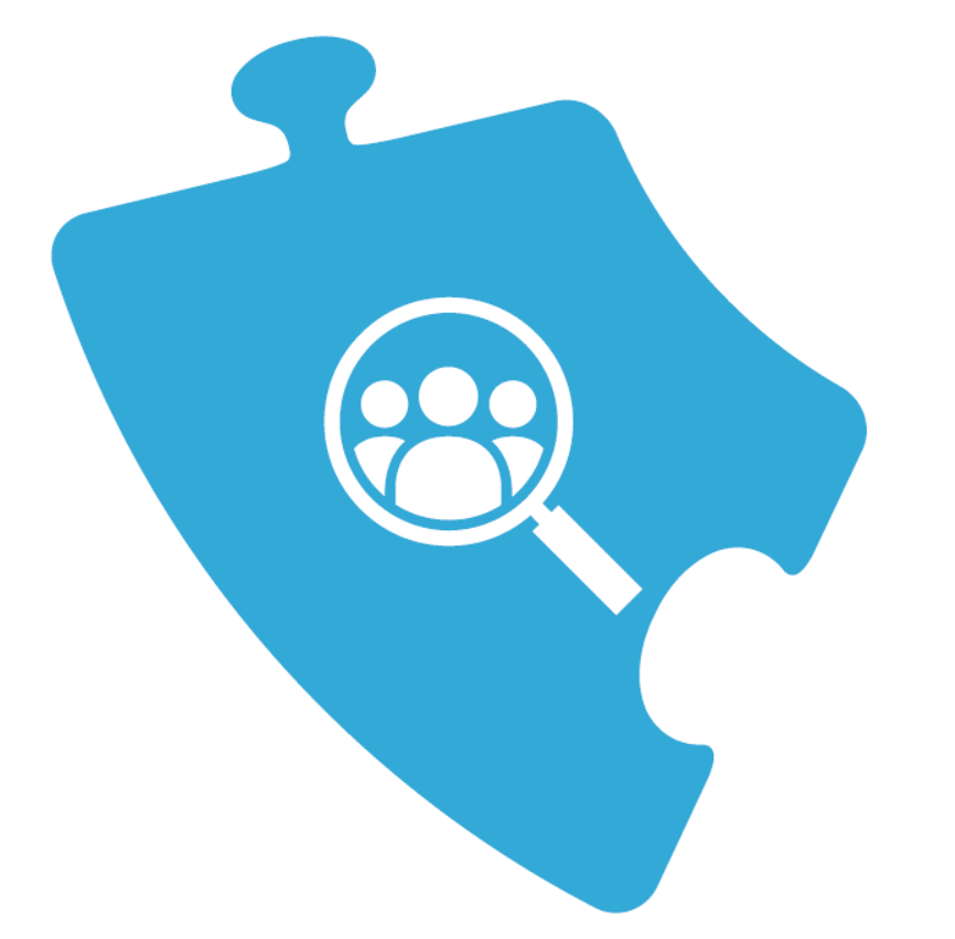 A piece of a puzzle with a magnifying glass zooming in on a group