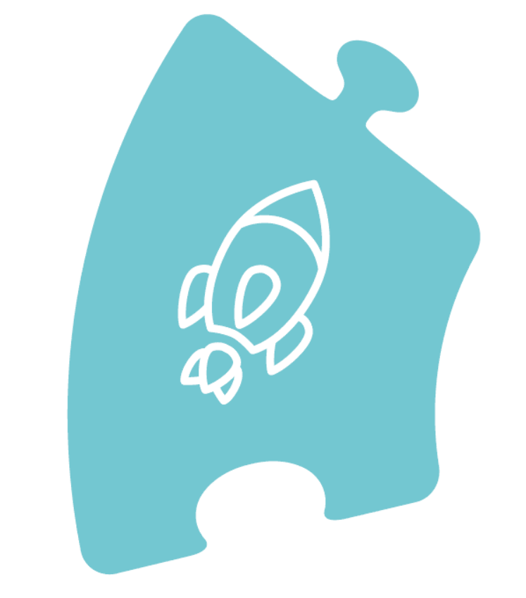 A blue puzzle piece with a rocket on it