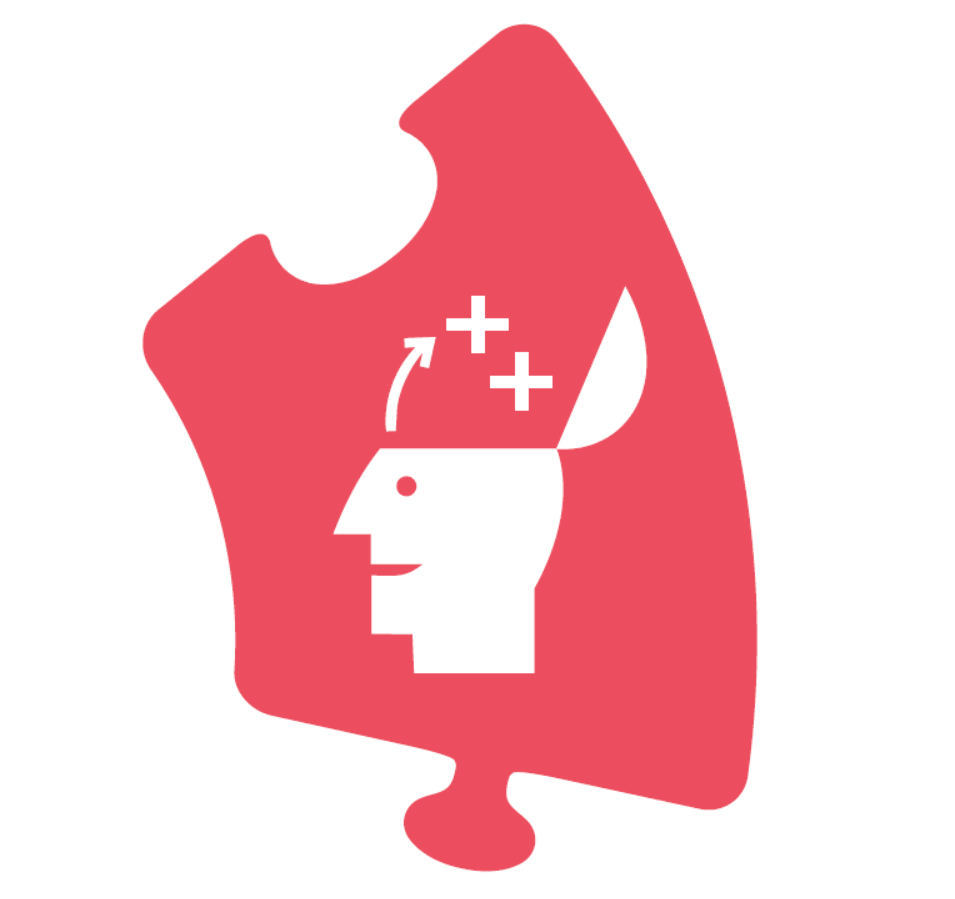 A pink puzzle piece with a man with open head on it