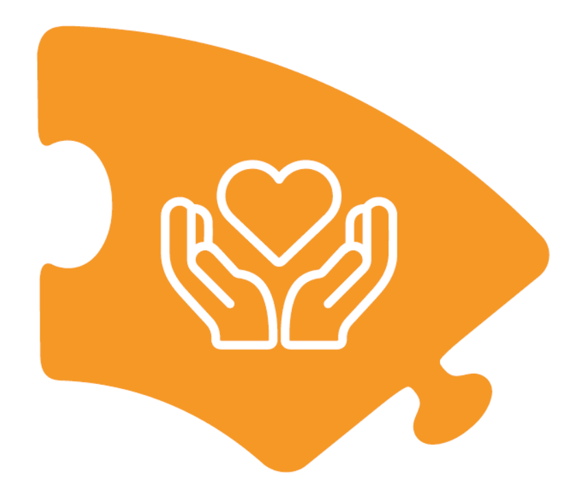 An orange puzzle piece with open hands and a heart in the middle 