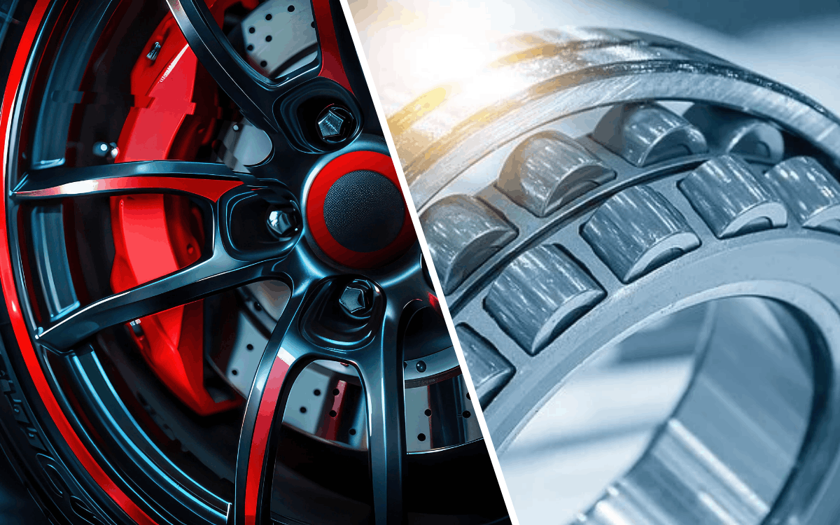 Image composite avec, à gauche, un disque de frein d’une voiture de sport moderne et, à droite, un rouleau de roulement